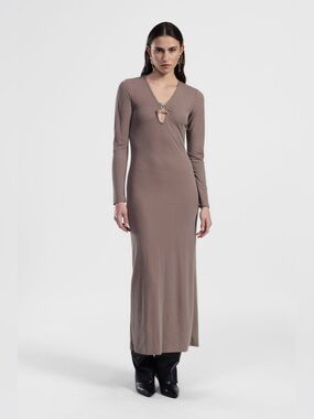 Birch & Stone long sleeve Mushroom Taupe body-con keyhole Scoop neck maxi dress